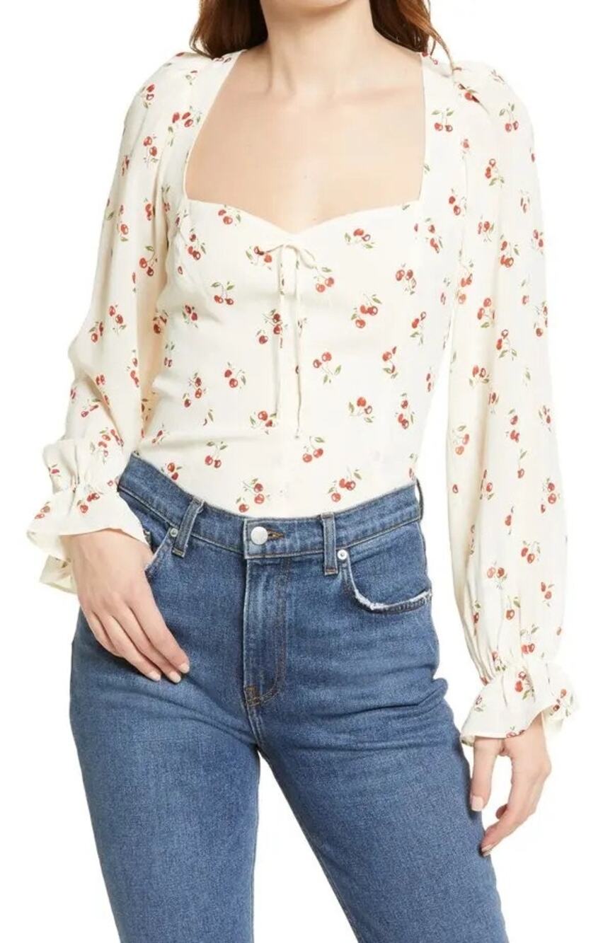 Reformation Chase Cherry Print Blouse Sz 4